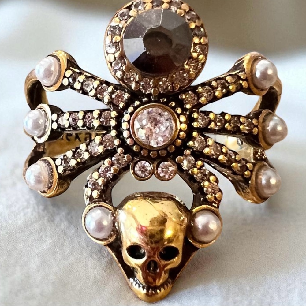 Antique Gold and Silver toned Spider and Skull Ring Size 6.5